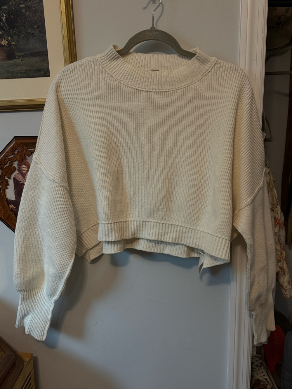 Free People Cream Ribbed Cropped Crewneck Sweater
